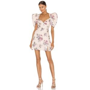 LPA Azra Mini Dress Puff Sleeve Ariel Pink Print Size XS Baby Doll Floral Preppy